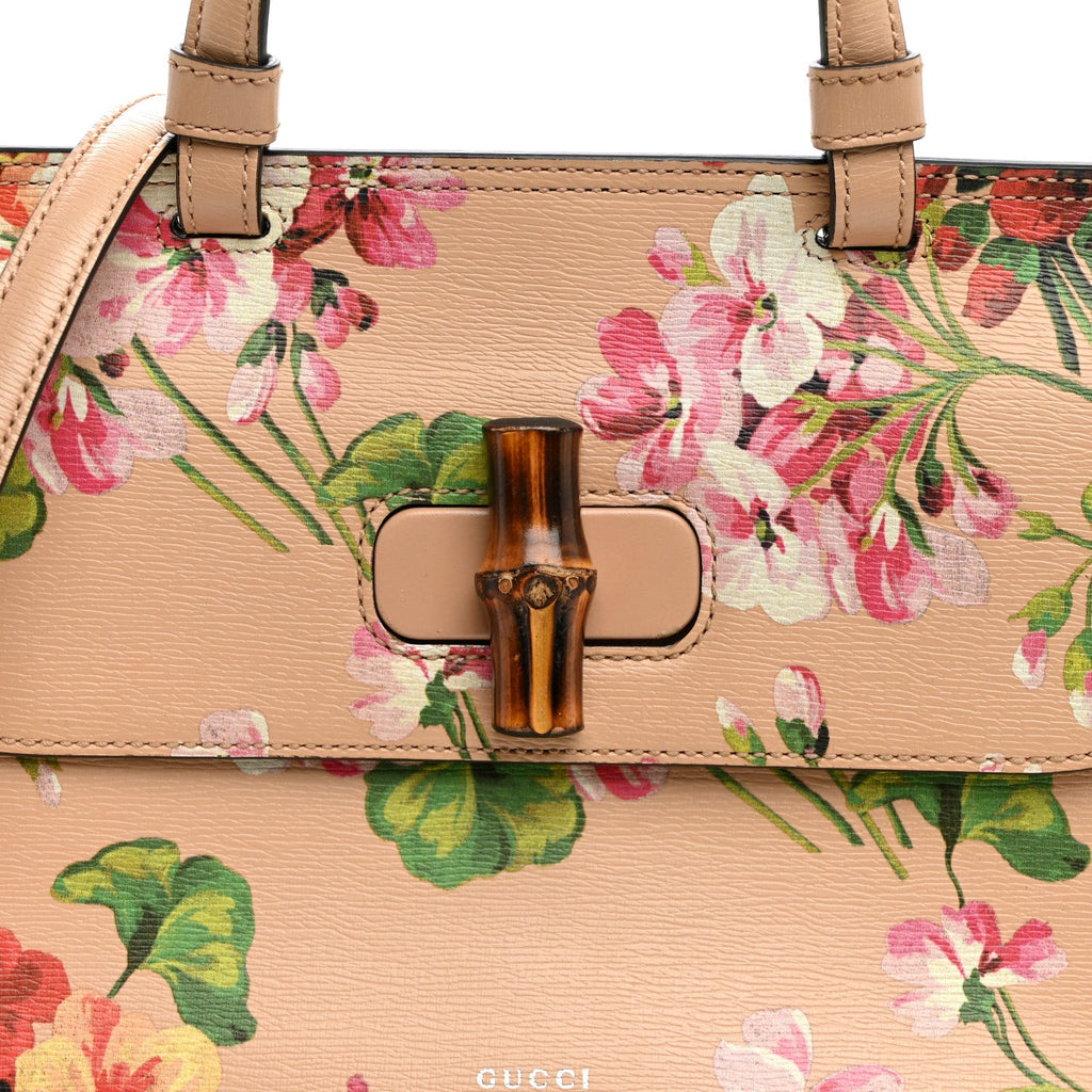 Shangai Calfskin Blooms Print Small Bamboo Daily Top Handle Bag Pink Apricot Multicolor