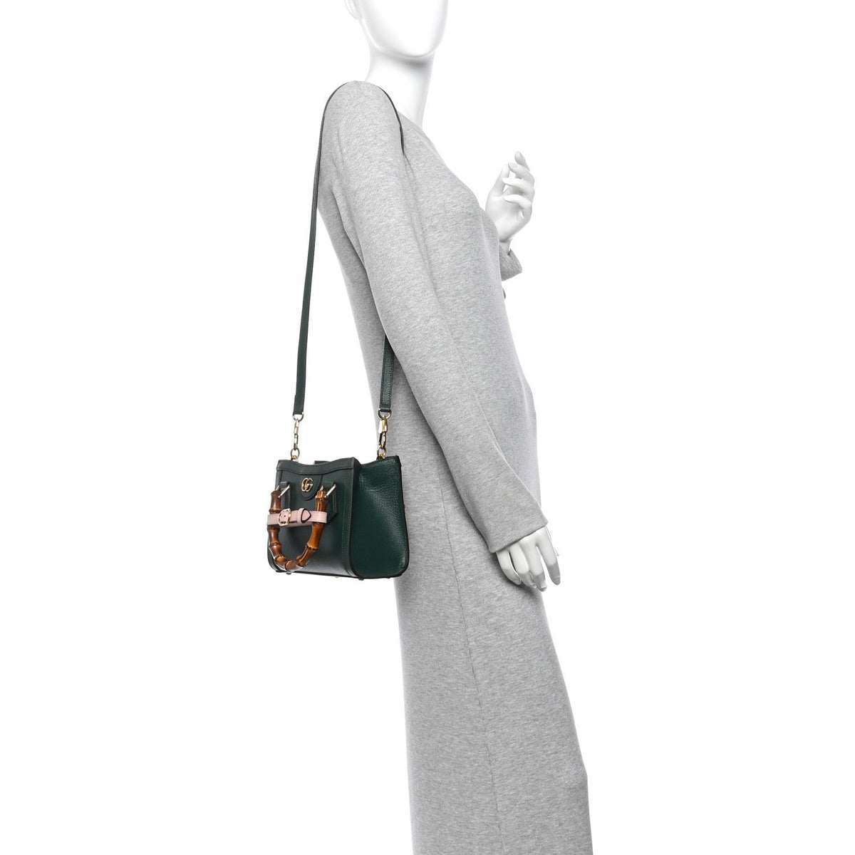 Textured Dollar Calfskin Web Mini Diana Tote Bag Vintage Green Pink