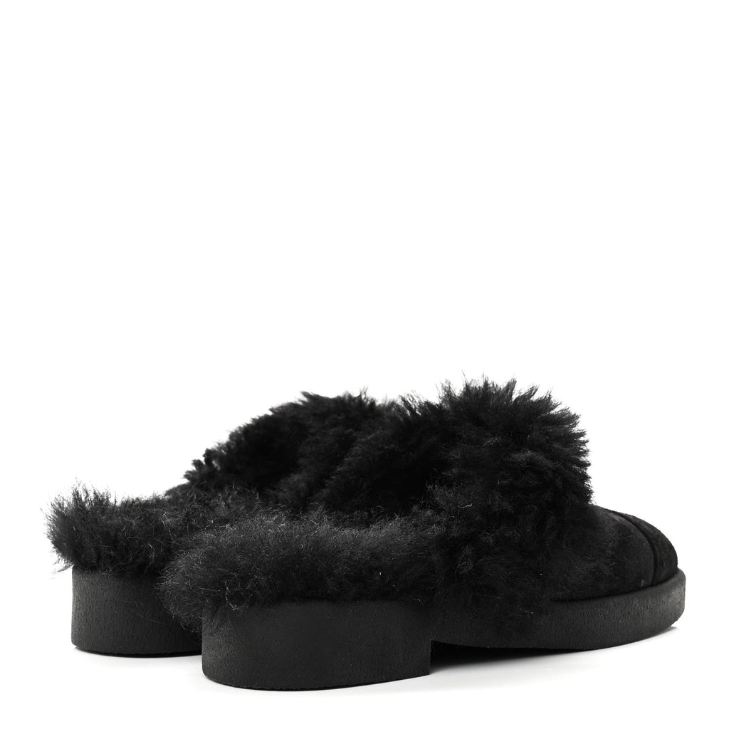 Suede Shearling CC Cap Toe Mules 36 Black