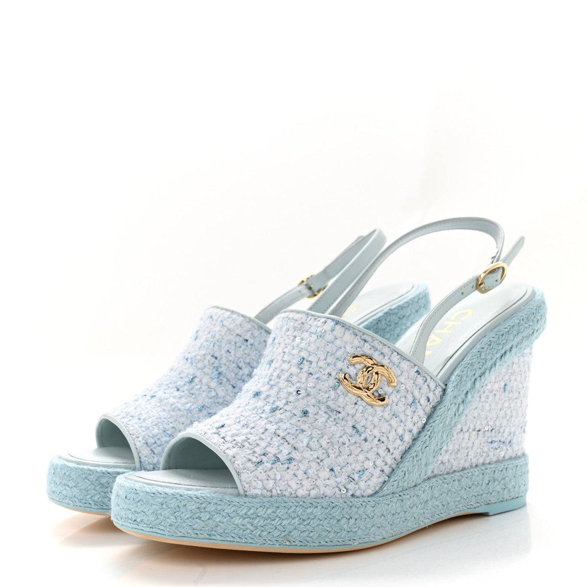 Tweed Braided Cord Wedge Sandals  37 Blue