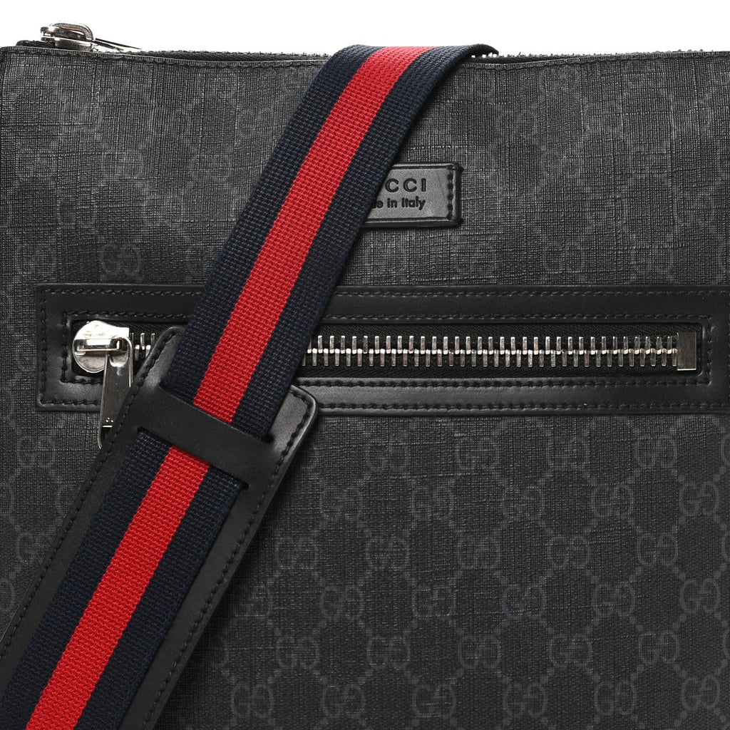 GG Supreme Monogram Appia Calfskin Web Flat Messenger Bag Black Grey