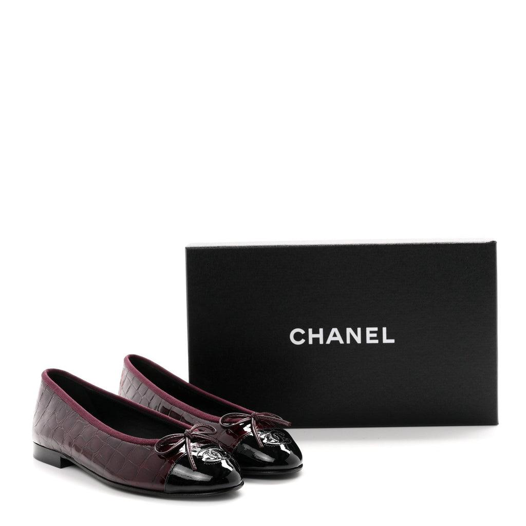 Patent Calfskin Crocodile Embossed Ballerina Flats 36.5 Dark Burgundy Black
