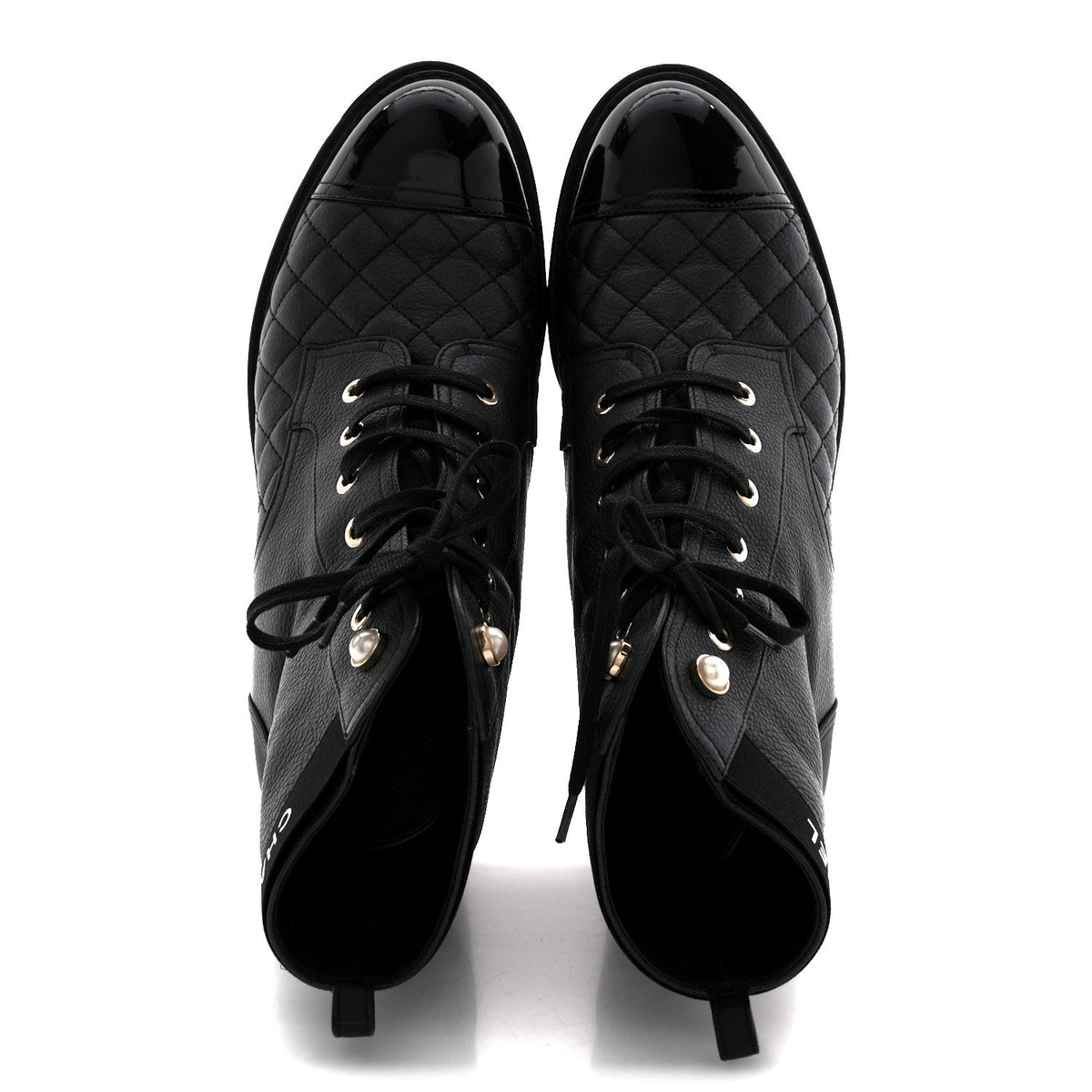 Pearly Calfskin Patent Calfskin Lace Up Combat Boots 40 Black