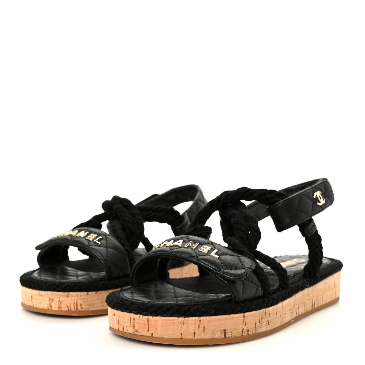 Cord Lambskin Quilted Logo Sandals 37 Black