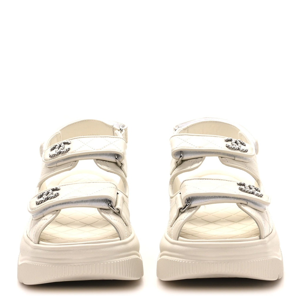 Shiny Calfskin Chain CC Velcro Dad Platform Sandals 39.5 White