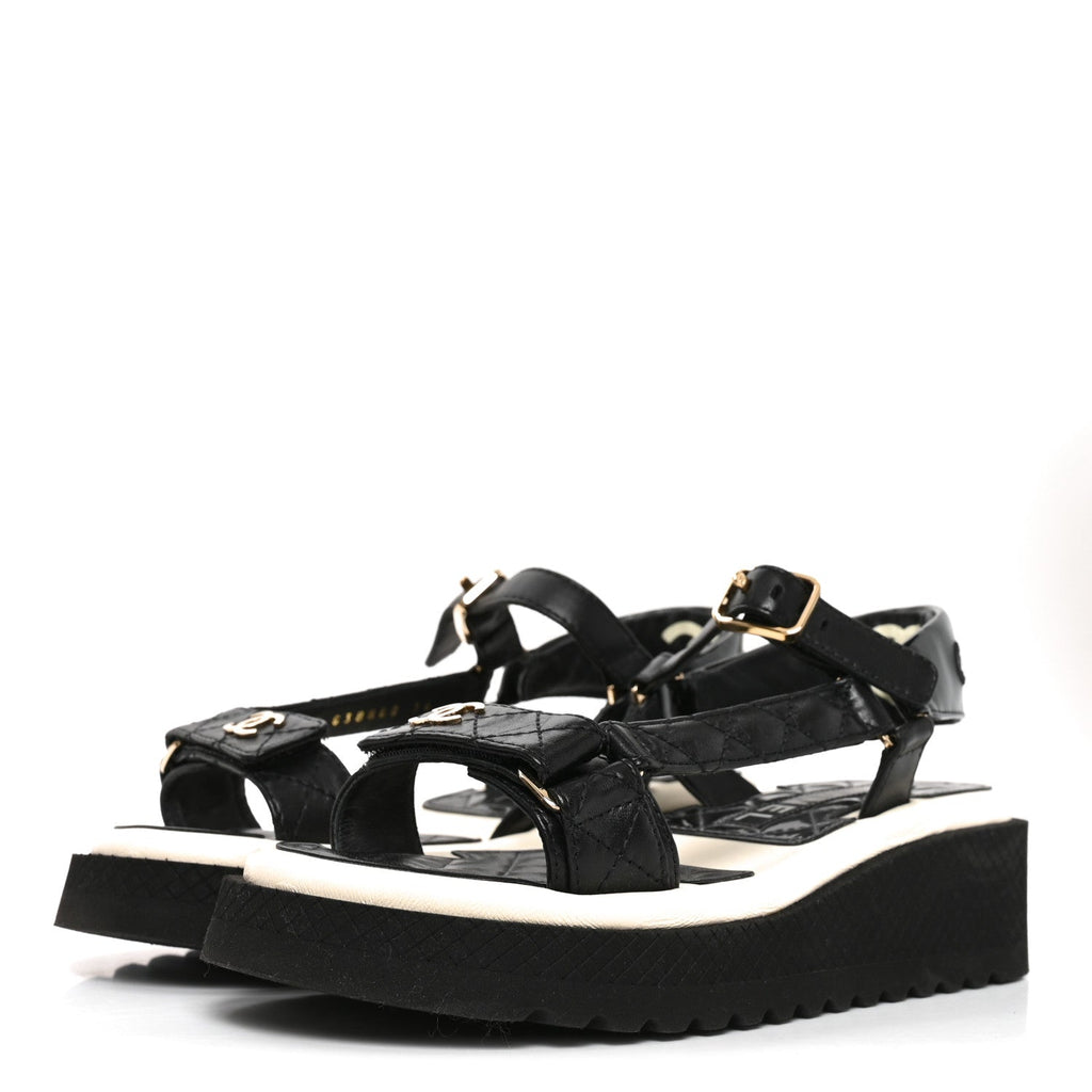 Lambskin Patent Calfskin Logo Platform Sandals 36 Black