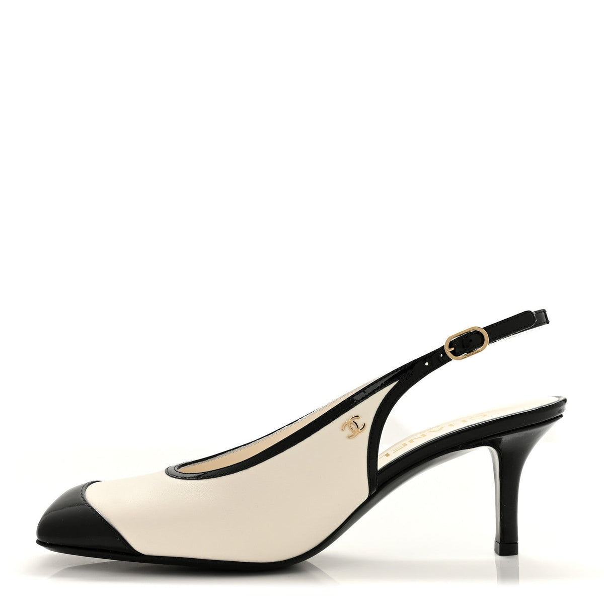 Lambskin Patent Calfskin Cap Toe CC Slingback Pumps 38.5 White Black