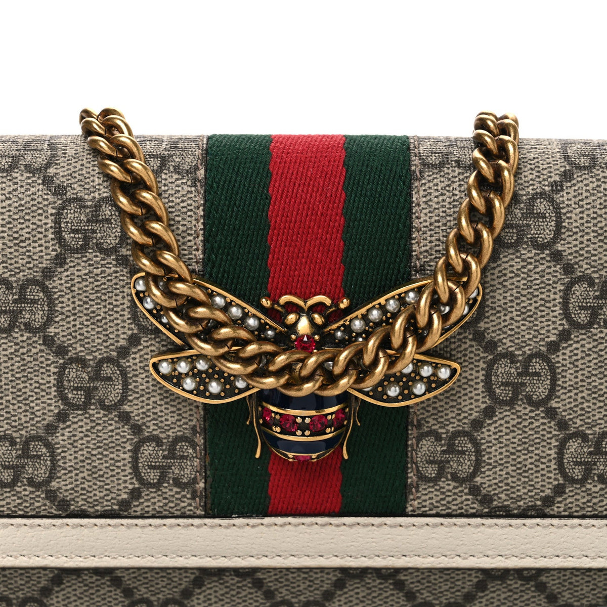 GG Supreme Monogram Web Queen Margaret Chain Wallet White