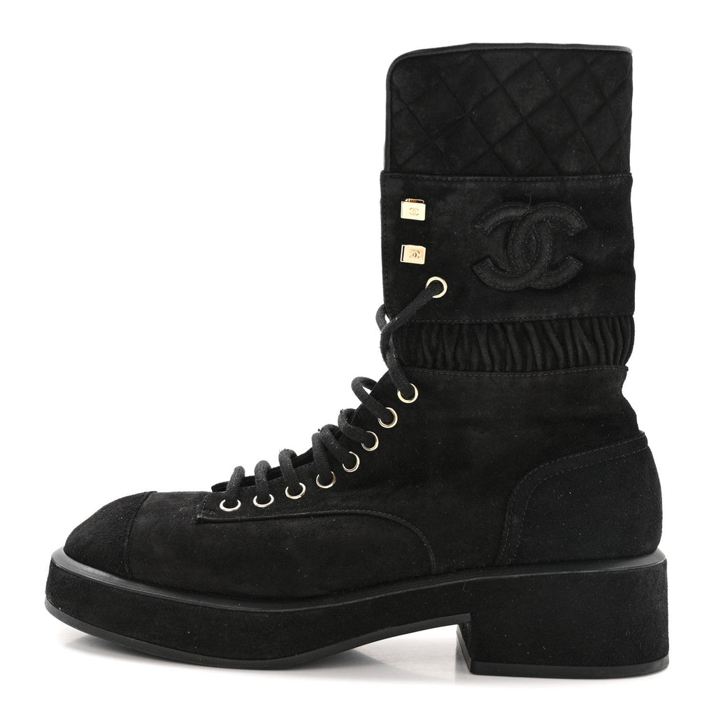 Suede Quilted Lace Up Combat Boots 38.5 Black