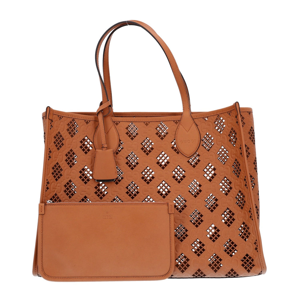 Calfskin GG Monogram Diamond Cut Medium Ophidia Tote Bag Brown