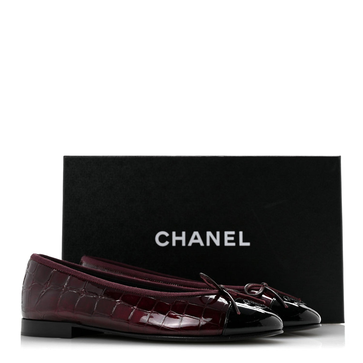 Patent Calfskin Crocodile Embossed Cap Toe CC Ballerina Flats 36.5 Dark Burgundy Black
