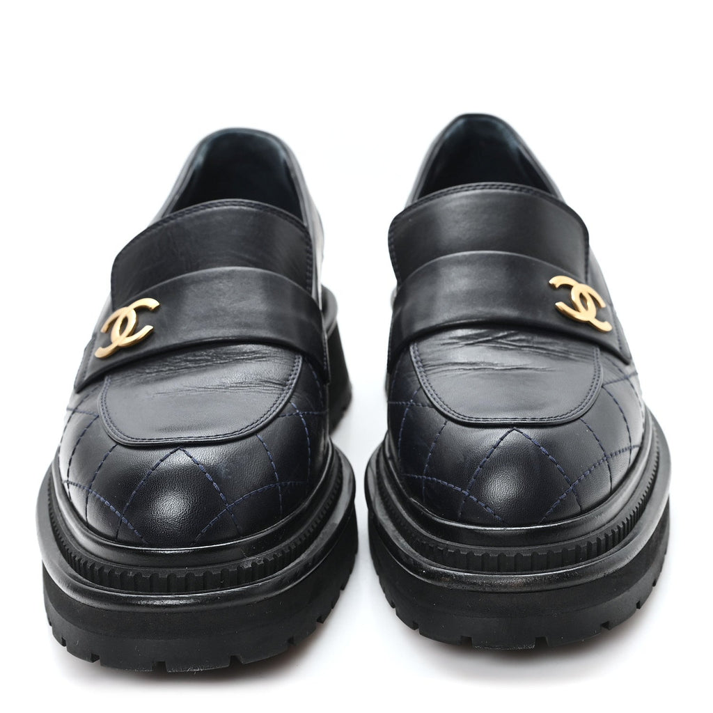 Calfskin Quilted CC Mocassin Loafers 38 Black