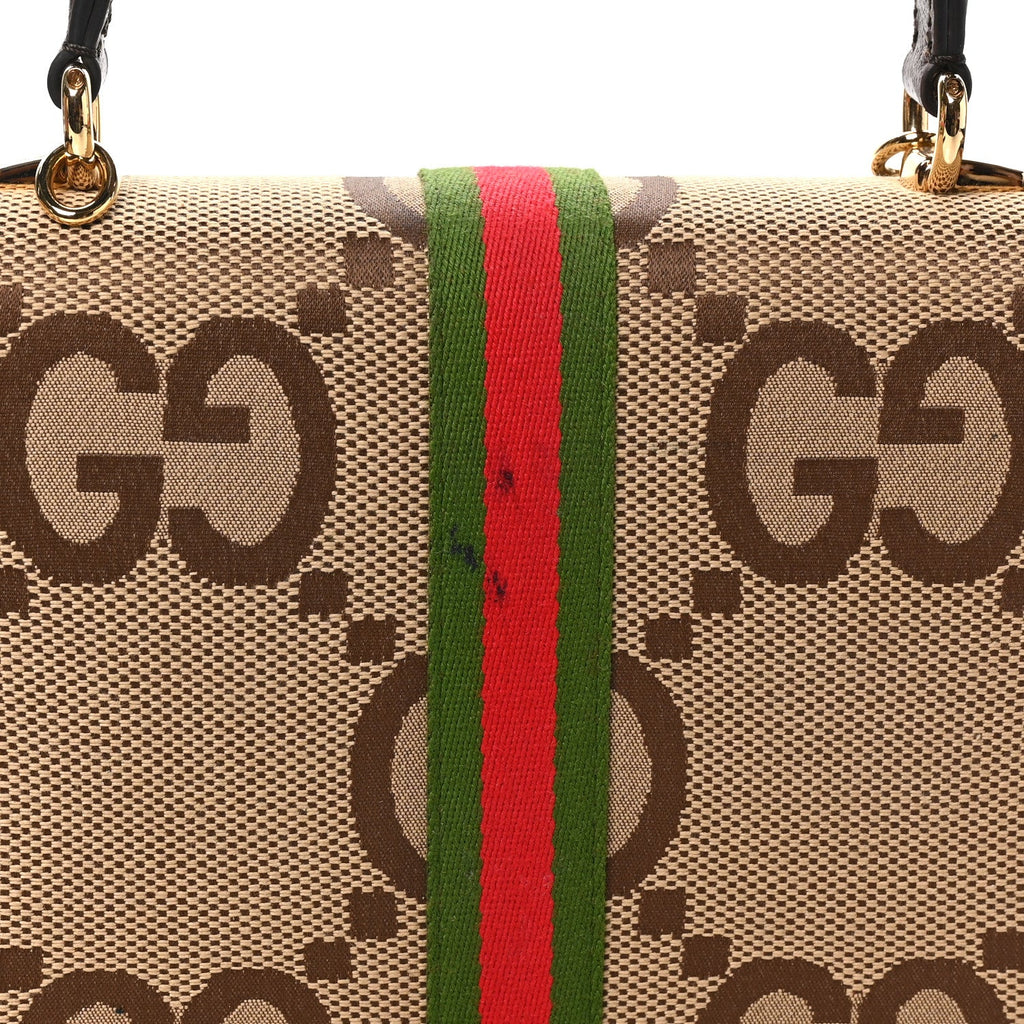 Monogram Jumbo GG Textured Dollar Calfskin Web Small Ophidia Padlock Top Handle Bag Camel Ebony New Acero