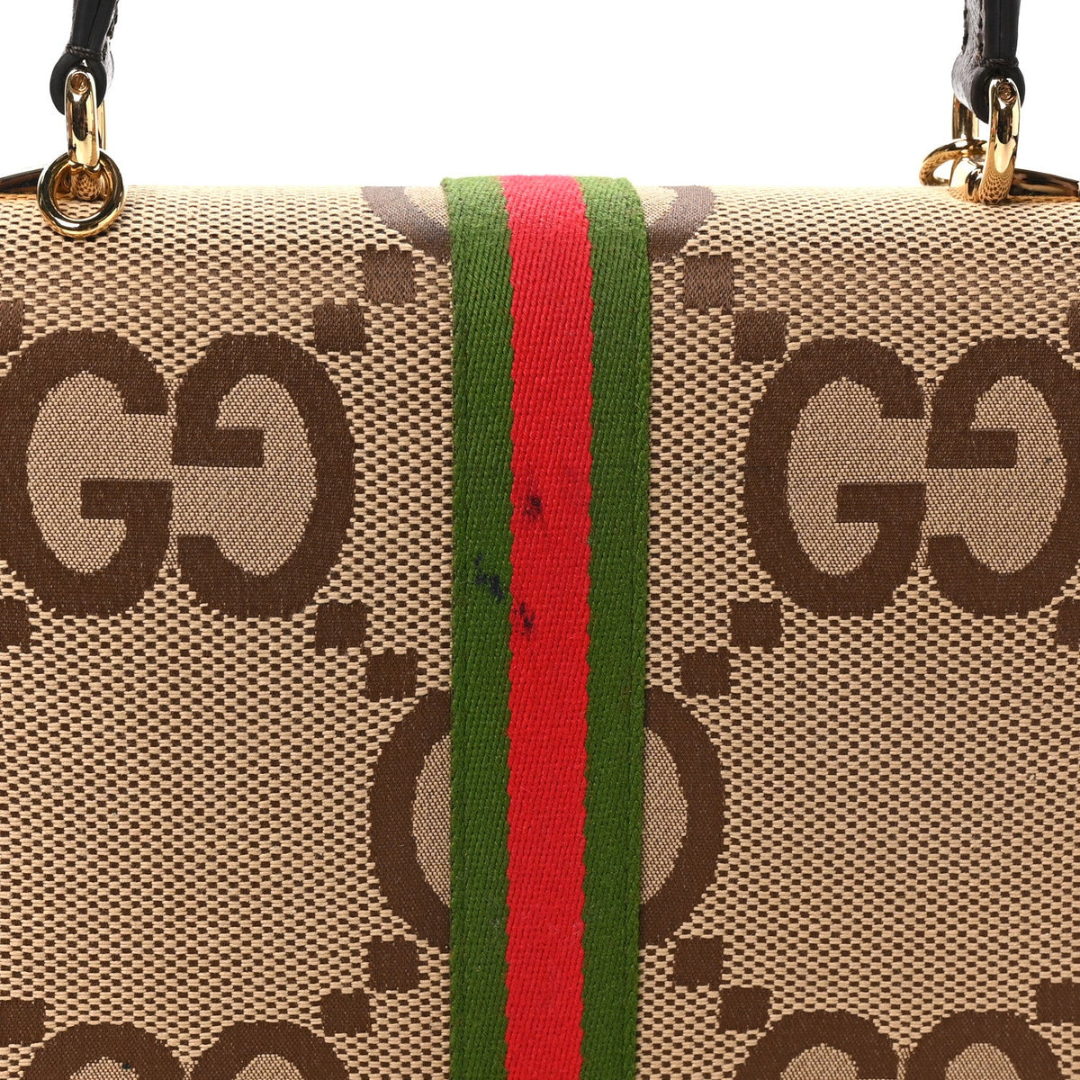 Monogram Jumbo GG Textured Dollar Calfskin Web Small Ophidia Padlock Top Handle Bag Camel Ebony New Acero
