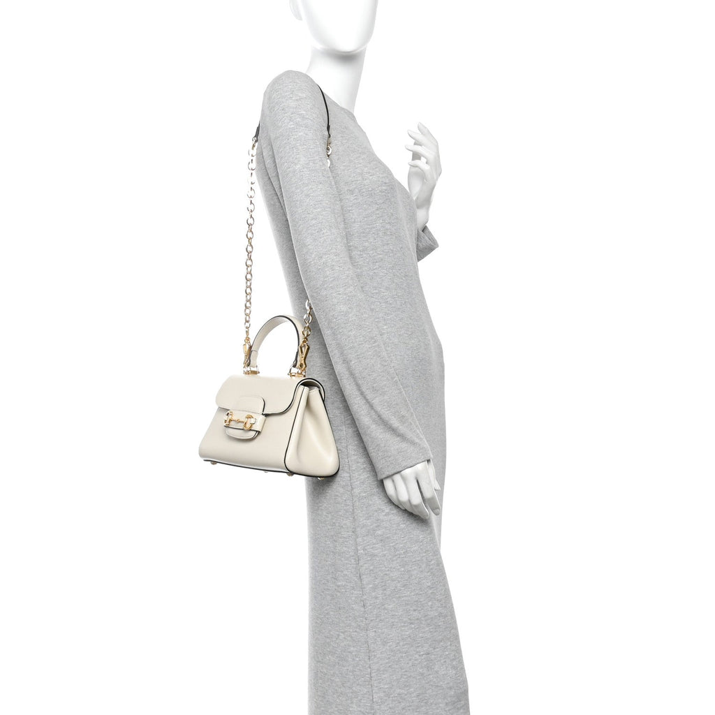 Glazed Textured Calfskin Mini Horsebit 1955 Top Handle Flap Bag Mystic White