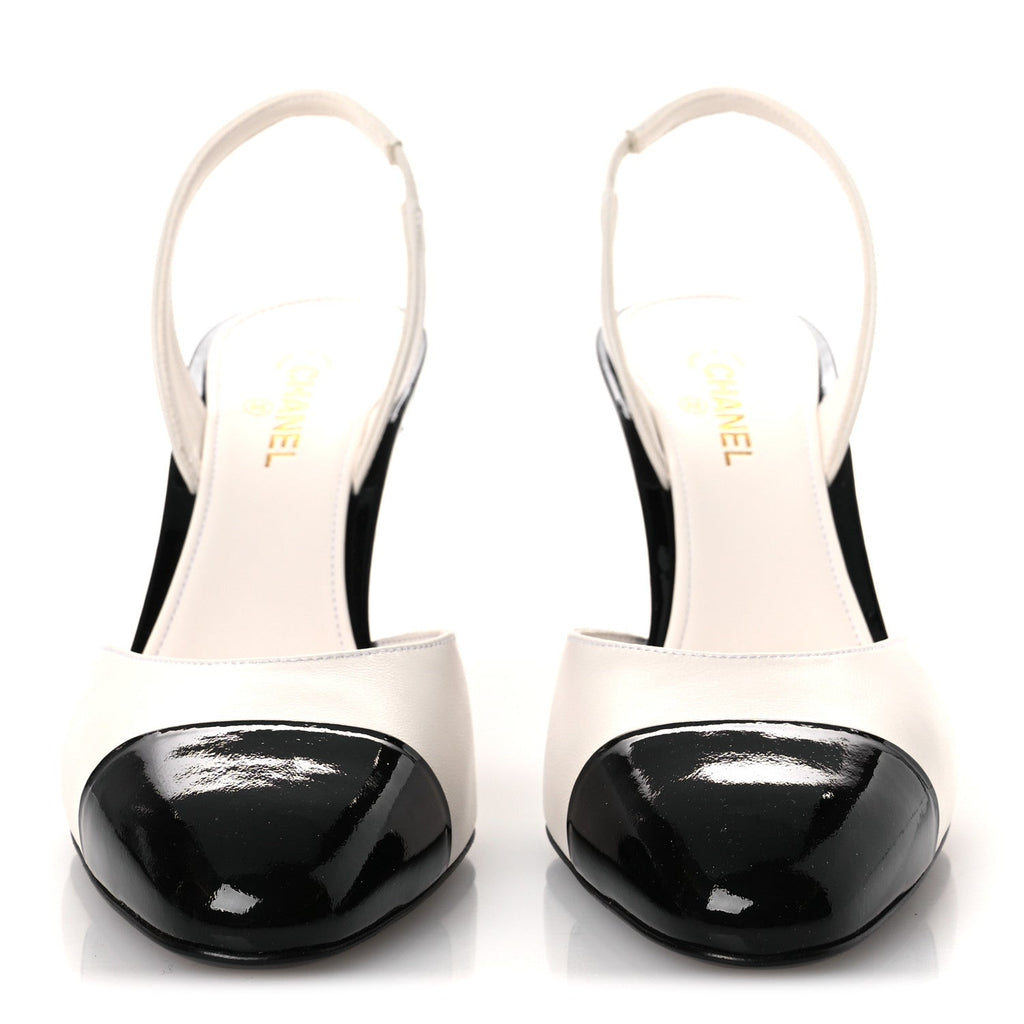 Lambskin Patent Cap Toe CC Apple Slingback Pumps 39 White Black