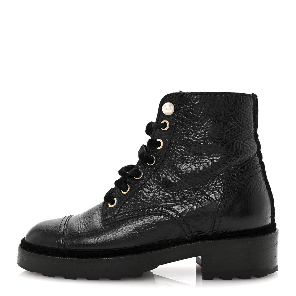 Shiny Calfskin Velvet Pearl Combat Short Boots 36 Black
