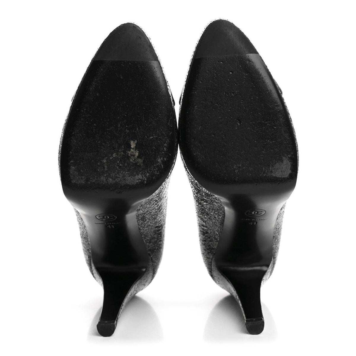 Metallic Crackled Calfskin Patent Cap Toe Pumps 41 Silver Black