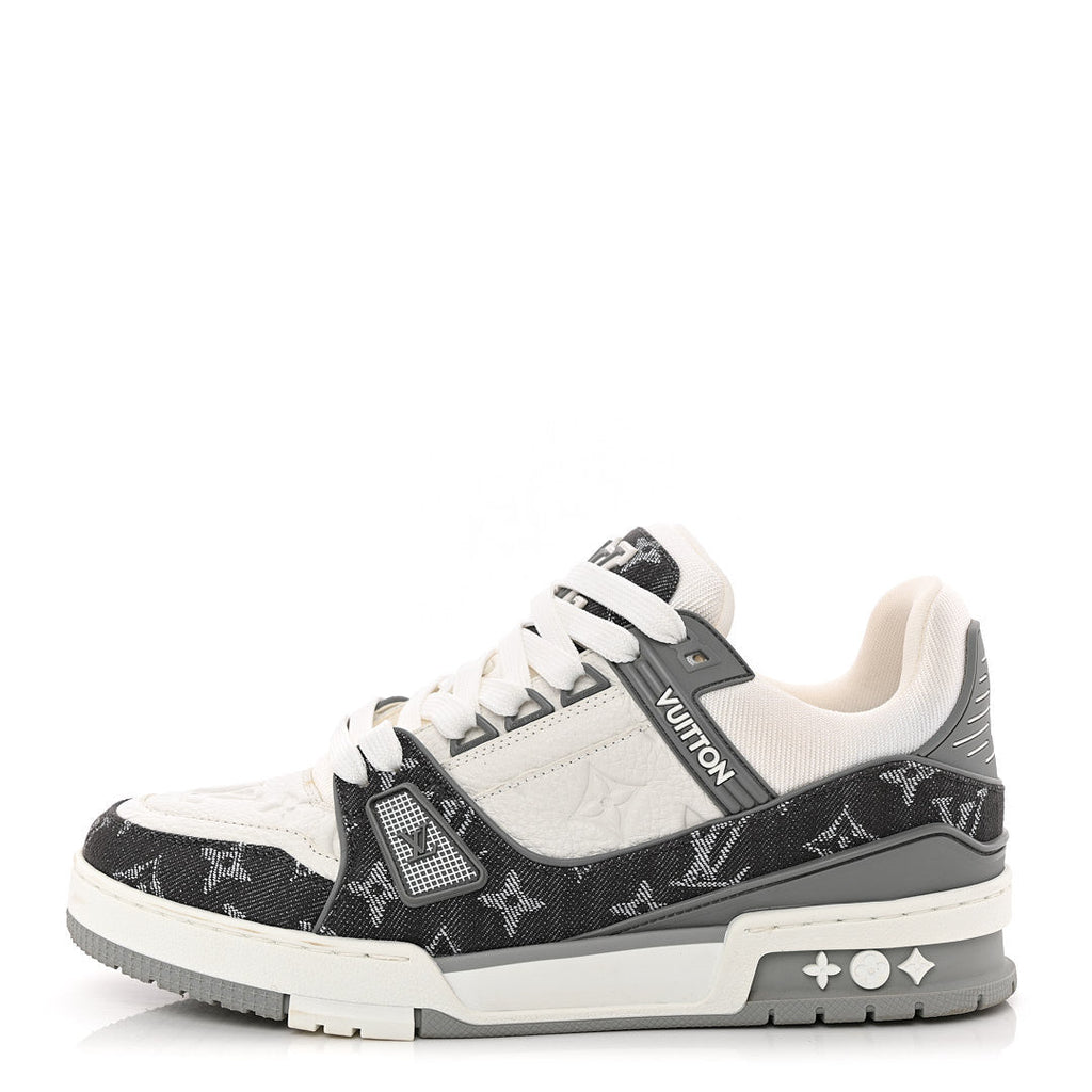 Calfskin Embossed Monogram Denim Mens LV Trainer Sneakers 5.5 Grey