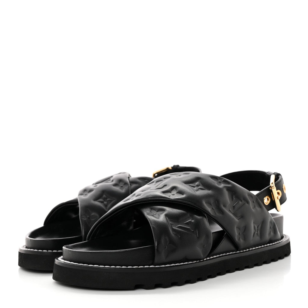 Lambskin Monogram Embossed Paseo Flat Comfort Sandals 39 Black