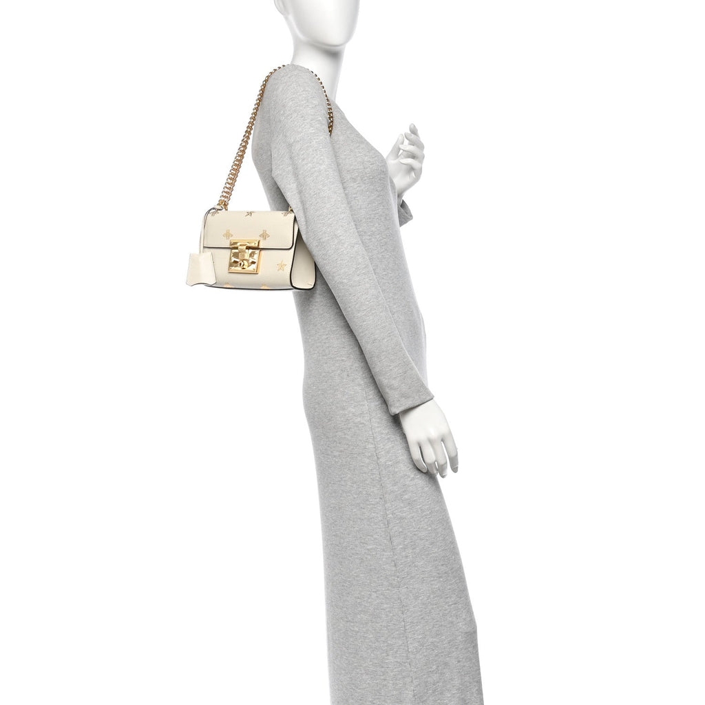 Grained Calfskin Bee Star Small Padlock Shoulder Bag White