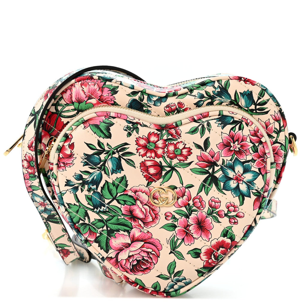 Calfskin Matelasse Diagonal Brit Roses Print Mini Interlocking G Heart Shoulder Bag  White Multicolor