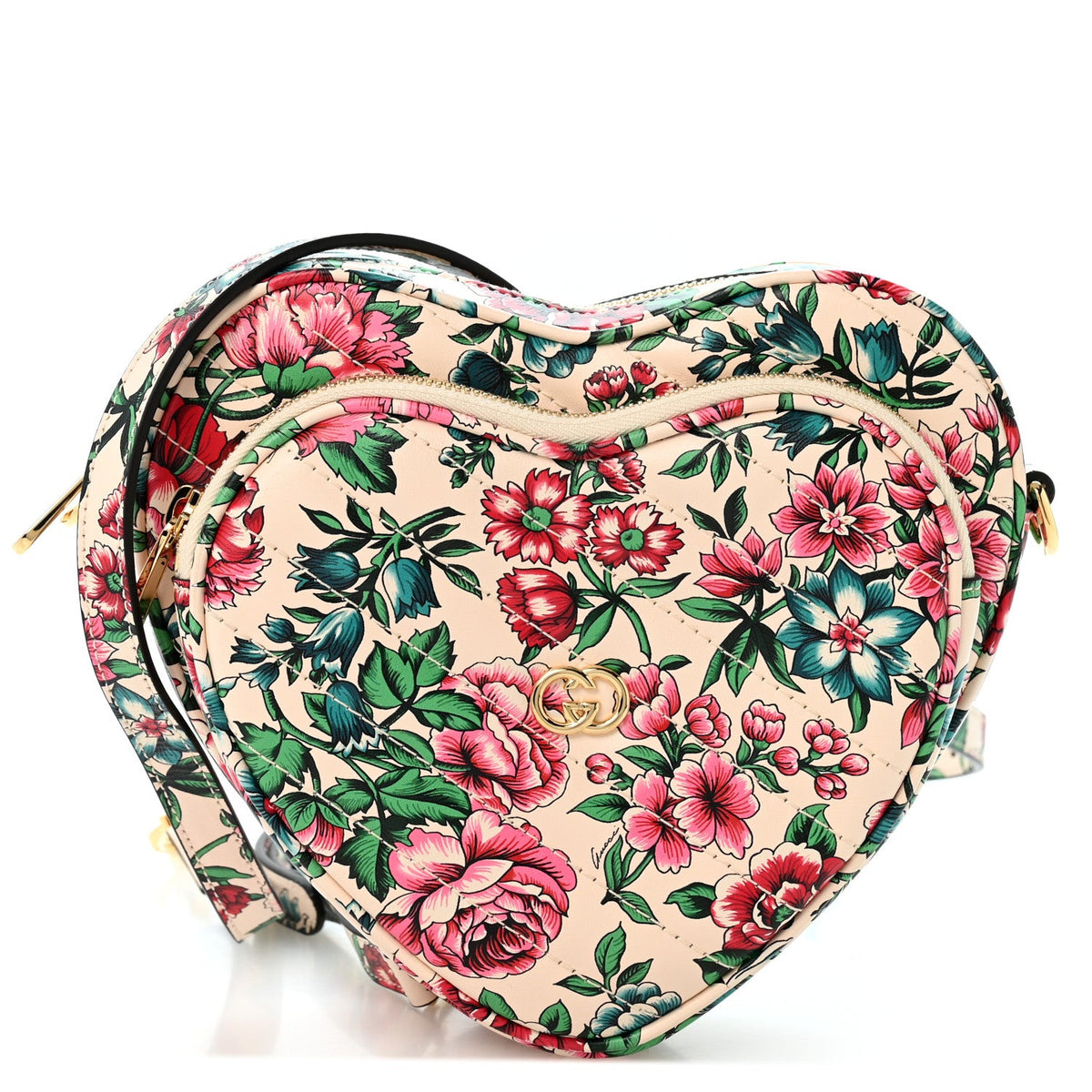 Calfskin Matelasse Diagonal Brit Roses Print Mini Interlocking G Heart Shoulder Bag  White Multicolor