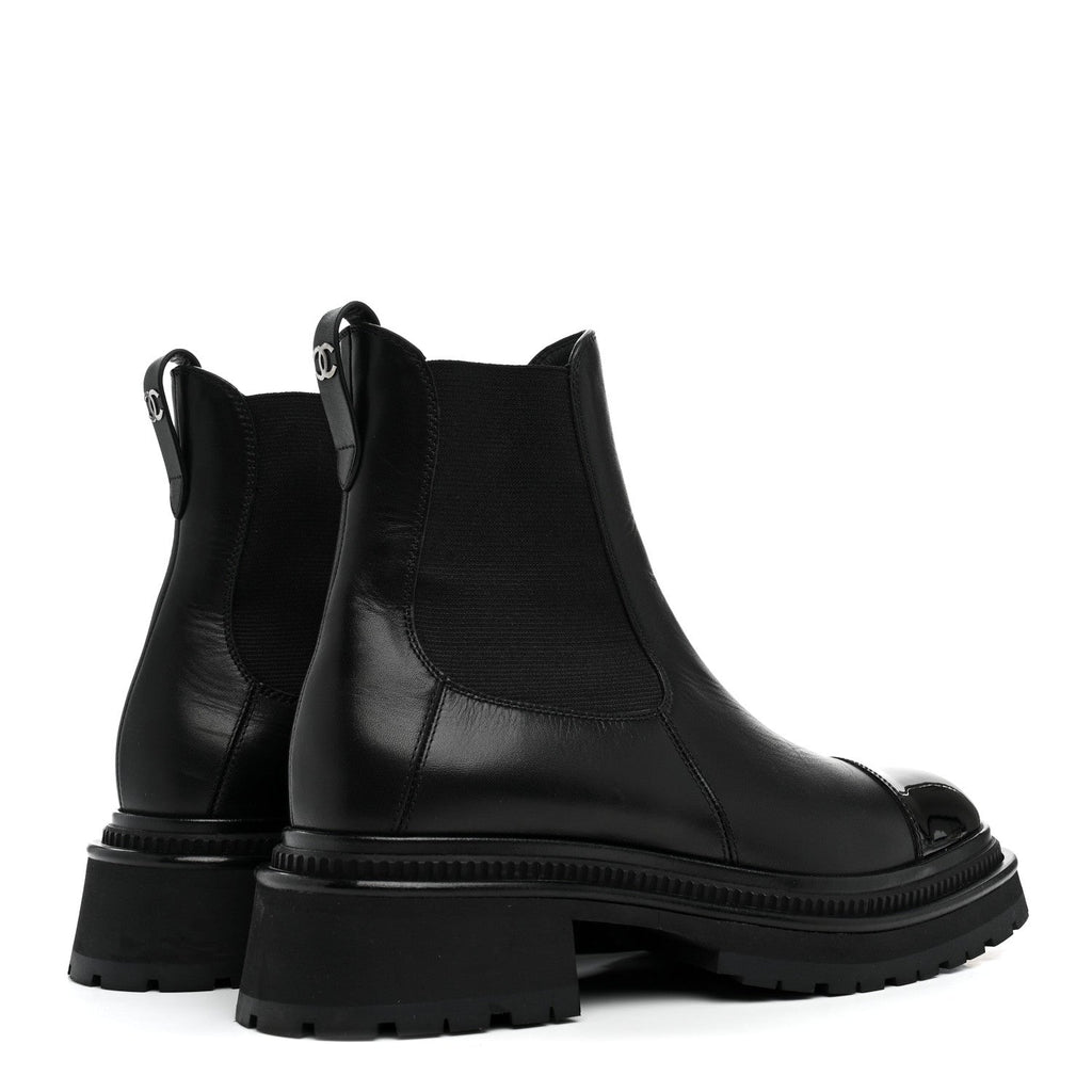 Calfskin Patent Cap Toe Ankle Boots 38.5 Black