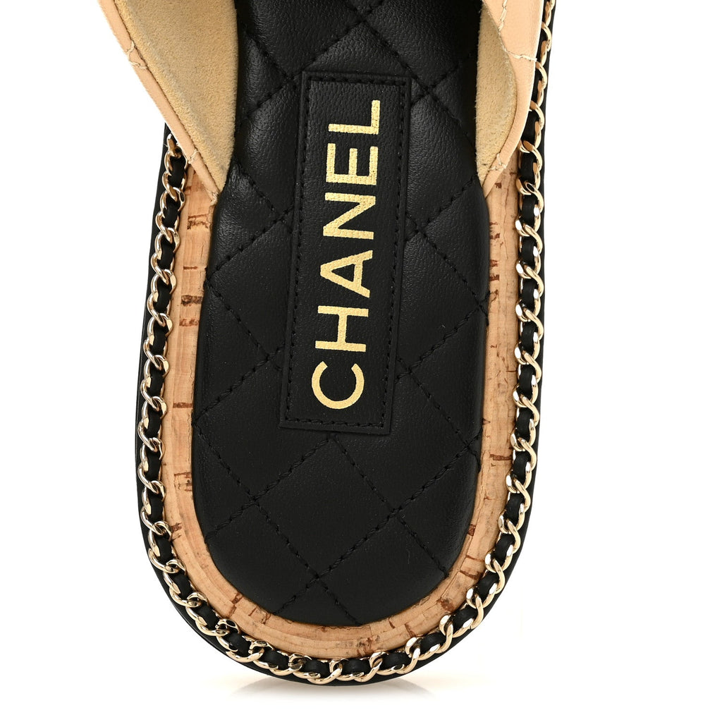 Shiny Lambskin Quilted Metal Chain CC Sandals 36.5 Beige