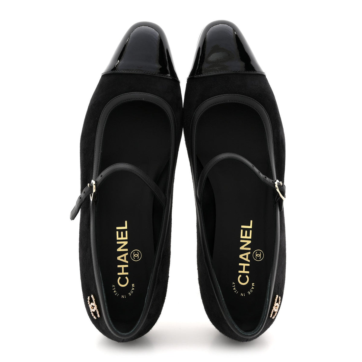 Suede Kidskin Lambskin Patent Calfskin Crystal CC Cap Toe Flats 40 Black