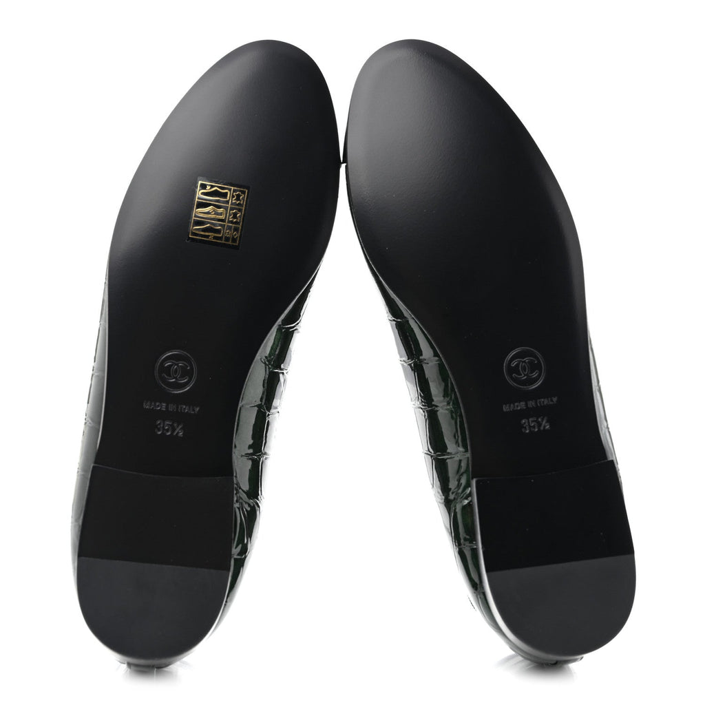 Crocodile Embossed Patent Calfskin Cap Toe CC Ballerina Flats 35.5 Dark Green Black