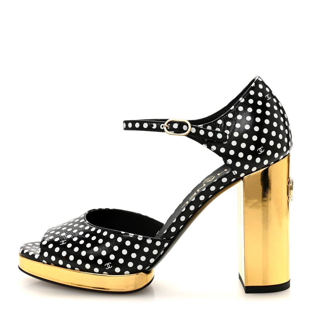 Printed Calfskin Polka Dot CC Platform Sandals 37 Black White