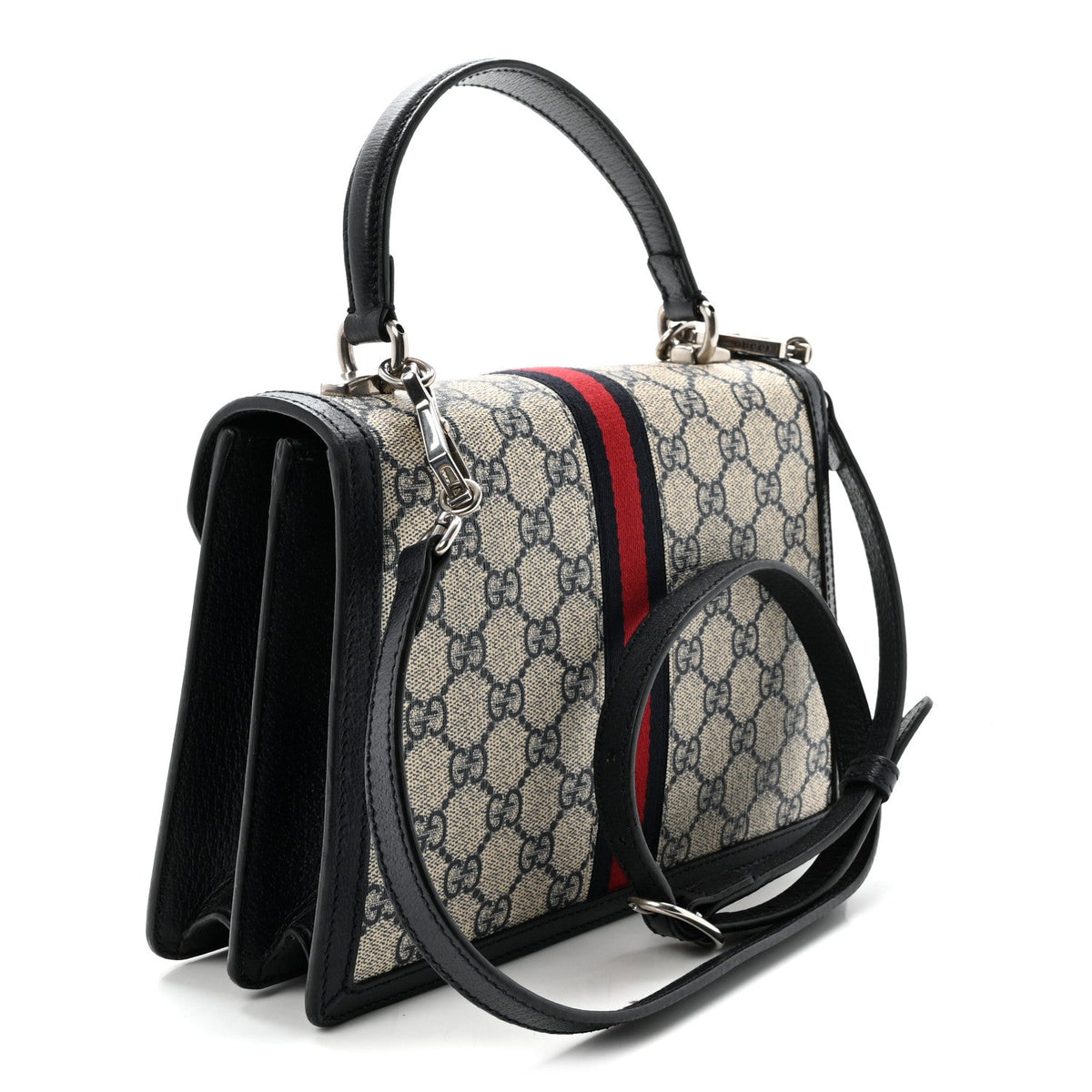 GG Supreme Monogram Textured Dollar Calfskin Web Small Ophidia Padlock Top Handle Bag Beige Blue