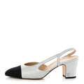 Metallic Lambskin Grosgrain Cap Toe CC Slingback Sandals 37.5 Black Silver