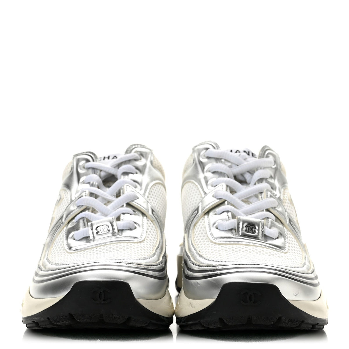 Fabric Laminated Calfskin Stretch CC Sneakers 37.5 White Silver