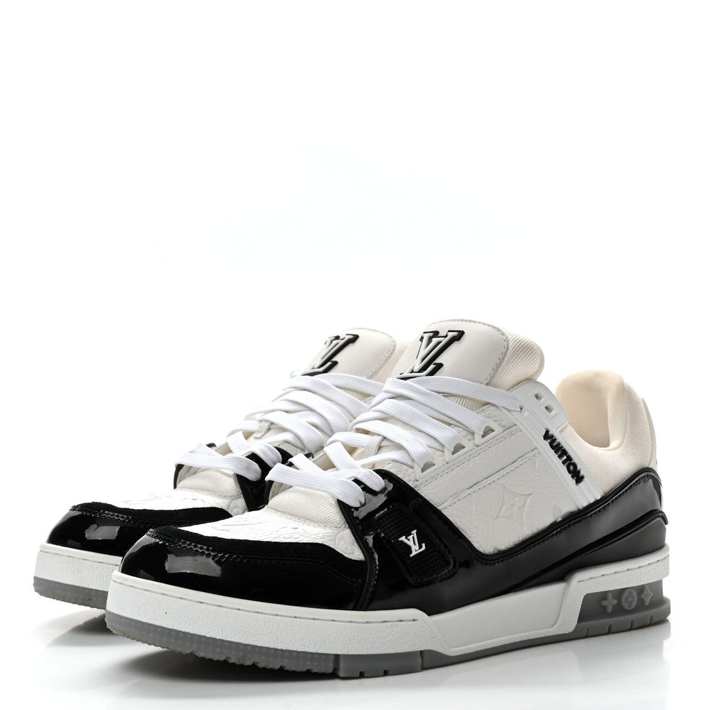 Calfskin Patent Mens LV Trainer Sneakers 9 White Black