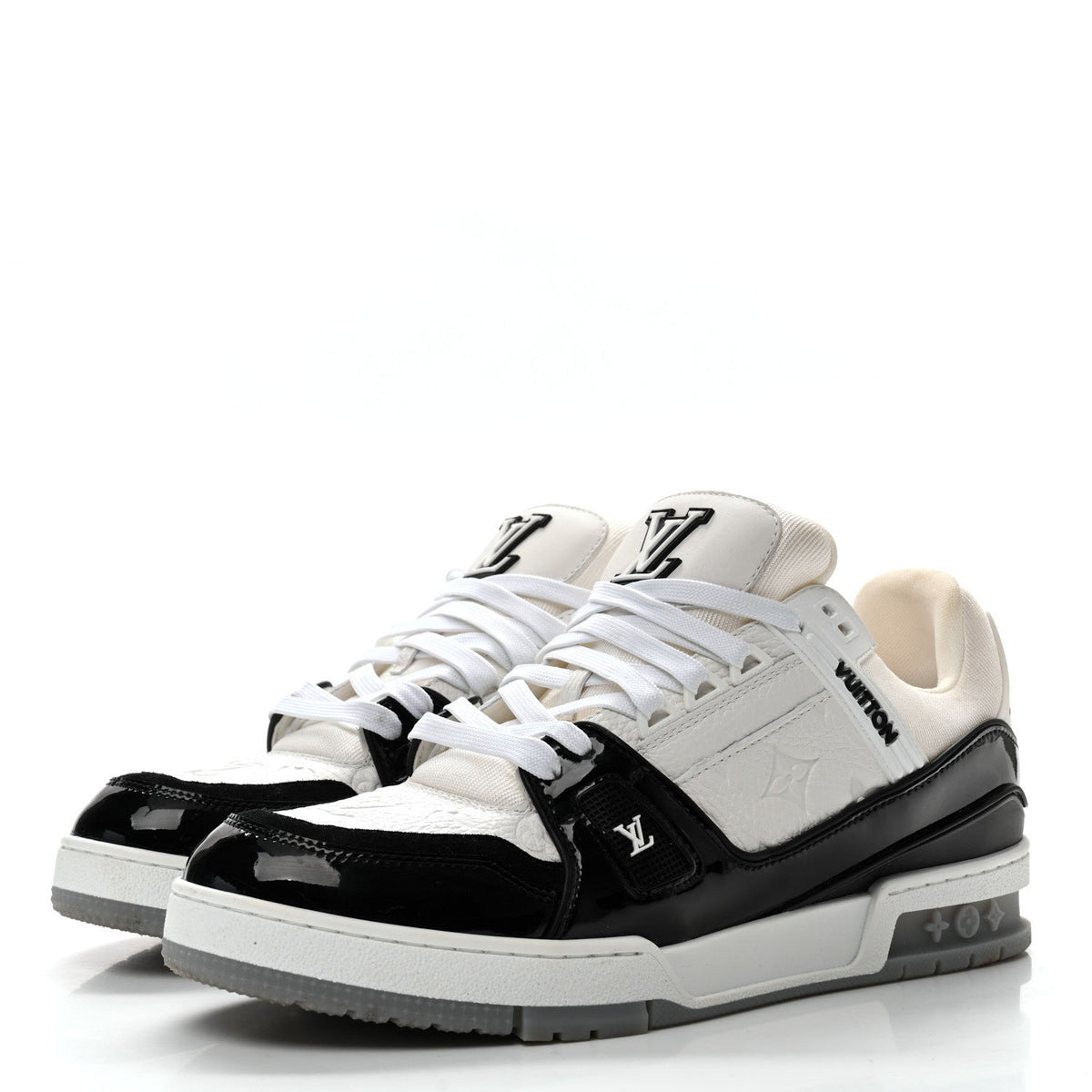 Calfskin Patent Mens LV Trainer Sneakers 9 White Black