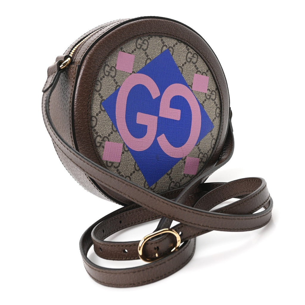 GG Supreme Monogram Equestrian Web Mini Ophidia Round Shoulder Bag Brown