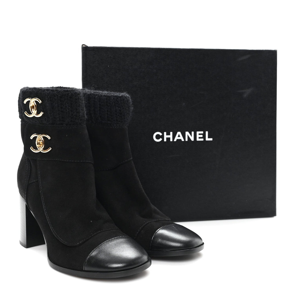 Suede Lambskin Knit CC Short Boots 39 Black