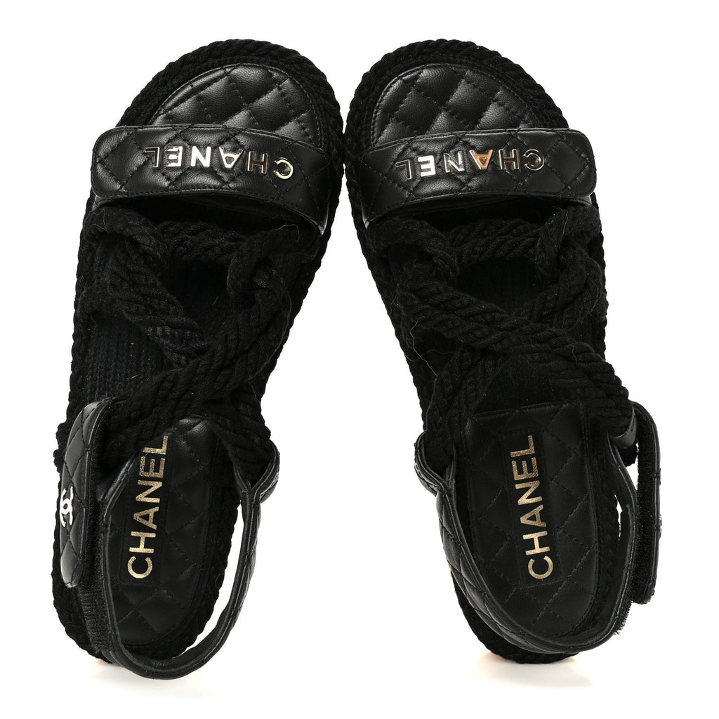 Cord Lambskin Quilted Logo Sandals 37 Black
