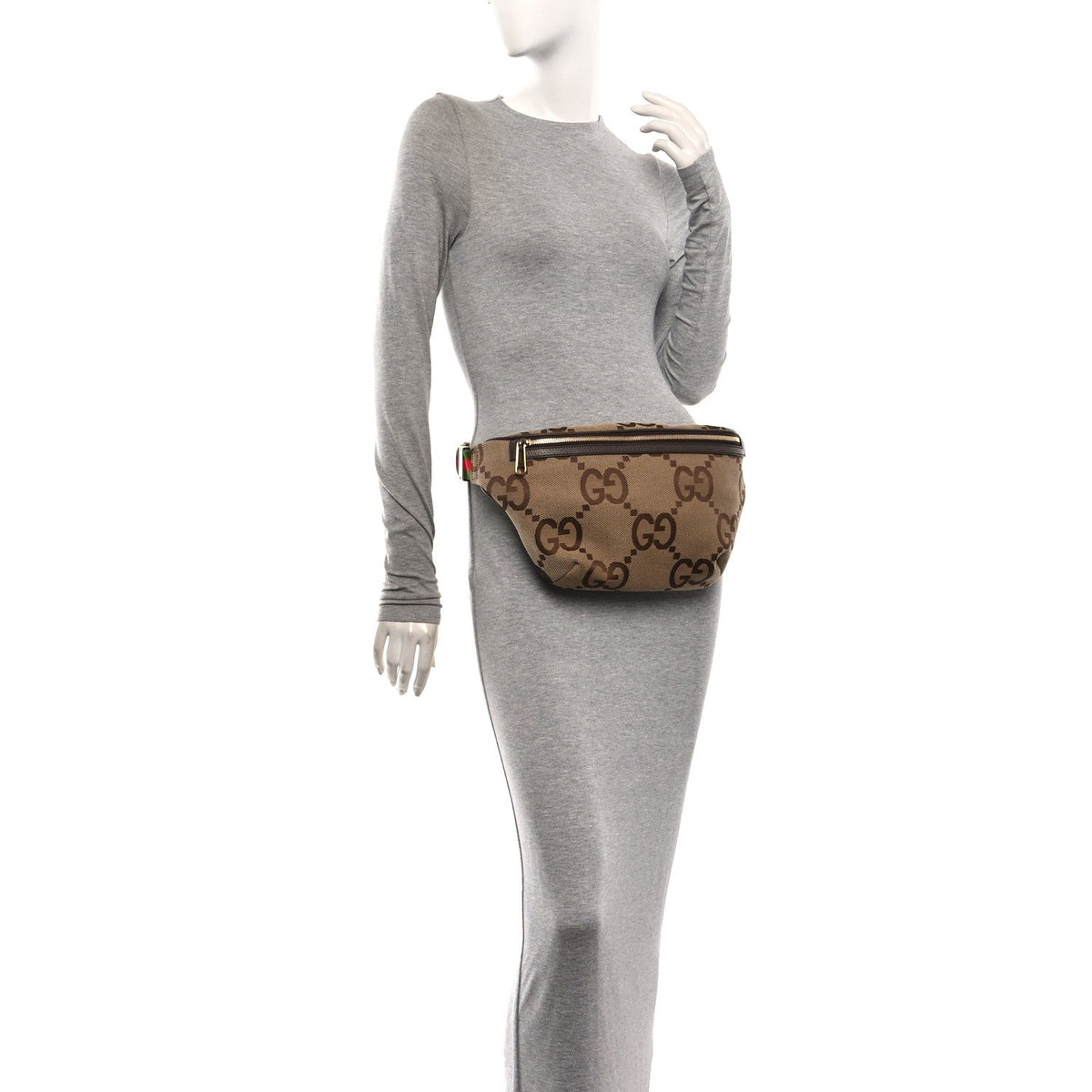 Monogram Jumbo GG Textured Dollar Calfskin Web Belt Bag Camel Ebony New Acero