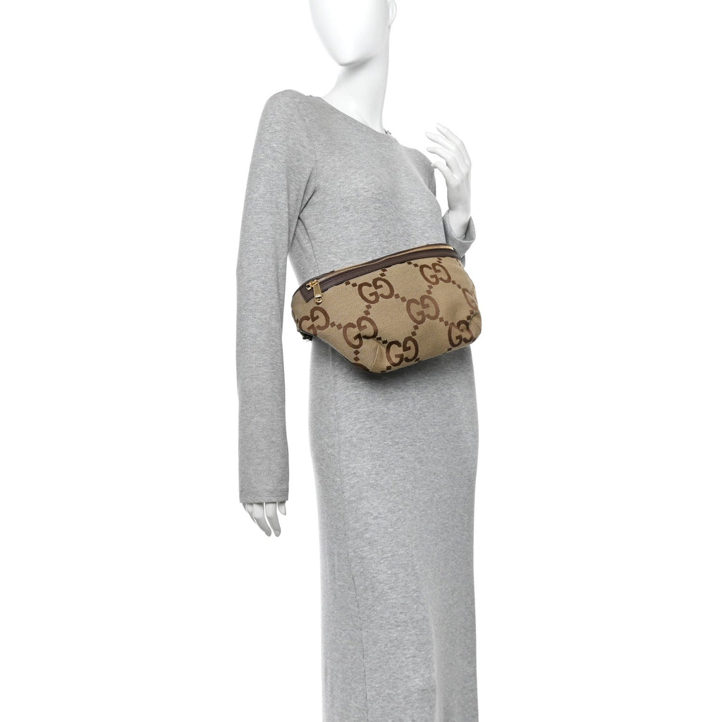 Monogram Jumbo GG Textured Dollar Calfskin Web Belt Bag Camel Ebony New Acero