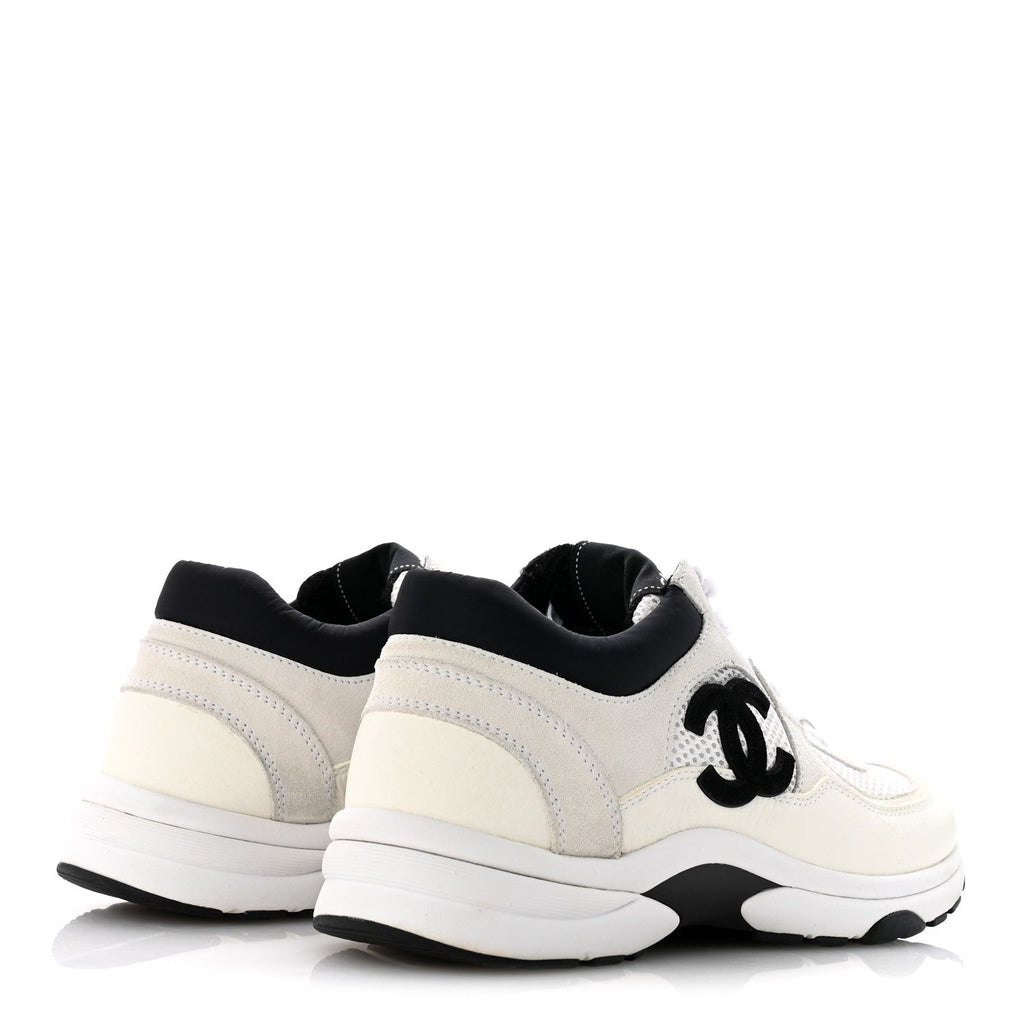 Mesh Suede Calfskin Grained Calfskin Womens CC Sneakers 37.5 White Black
