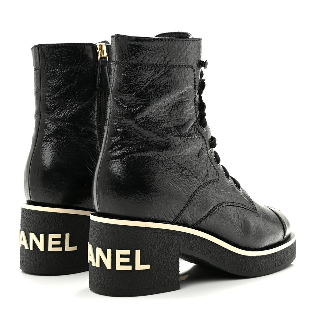 Shiny Crumpled Lambskin Lace Up Combat Boots 36 Black