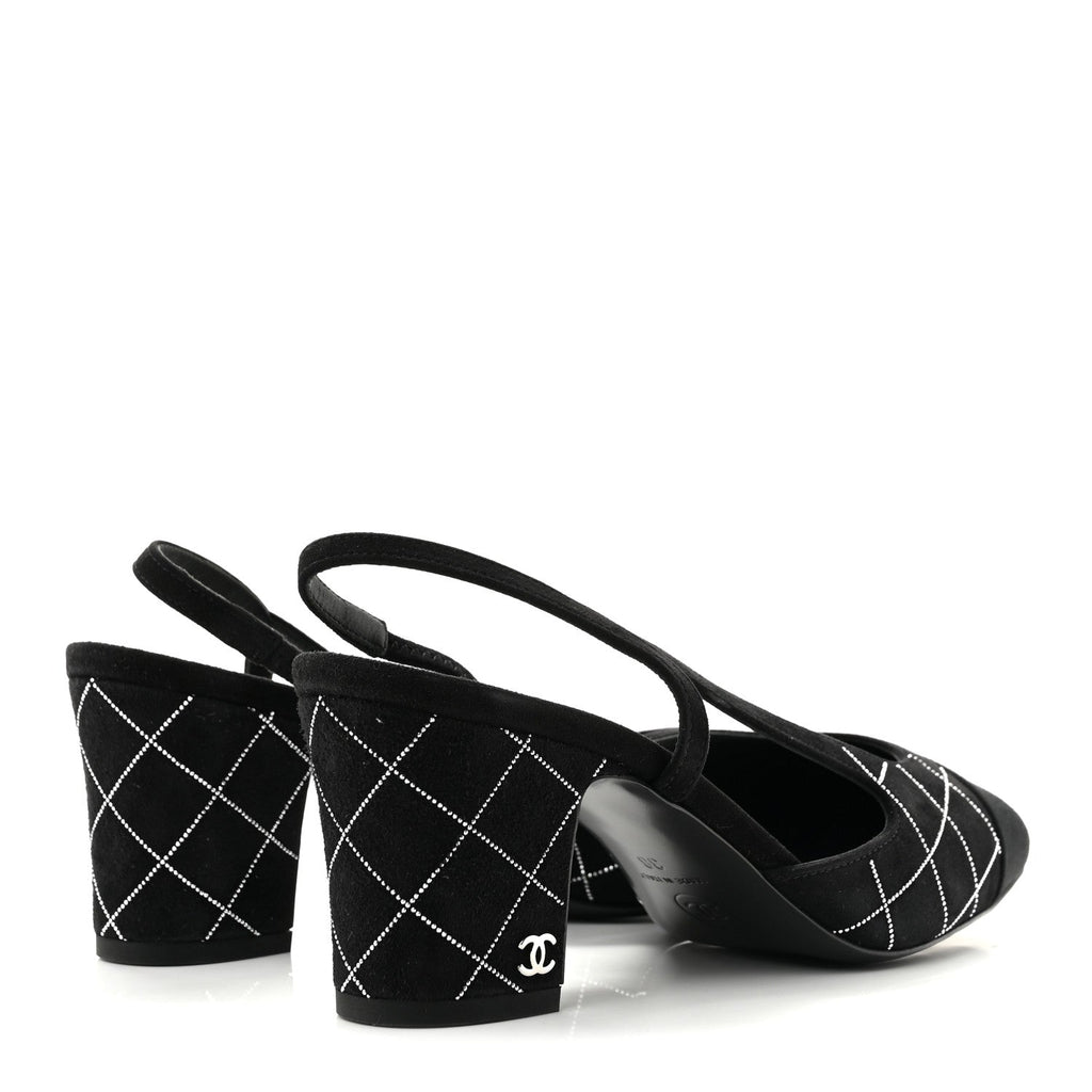Suede Crystal Grosgrain Cap Toe CC Slingback Pumps 38 Black Silver
