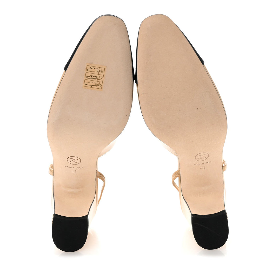 Goatskin Grosgrain Cap Toe CC Slingback Pumps 41 Beige Black