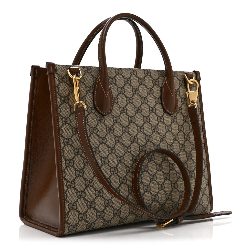 GG Supreme Monogram Azalea Calfskin Small Retro Interlocking G Tote Bag Beige Ebony Brown Sugar