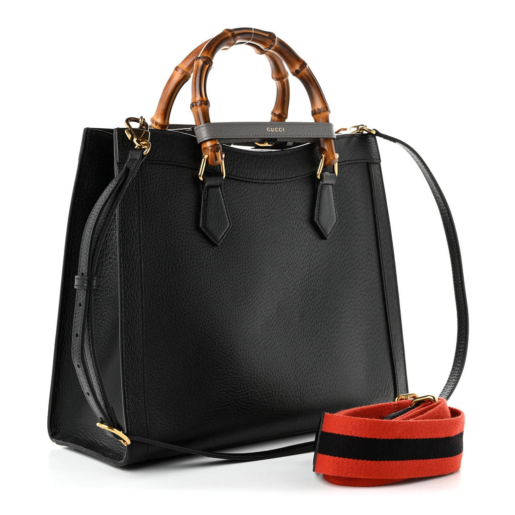 Textured Dollar Calfskin Web Medium Diana Tote Bag Black Dusty Grey