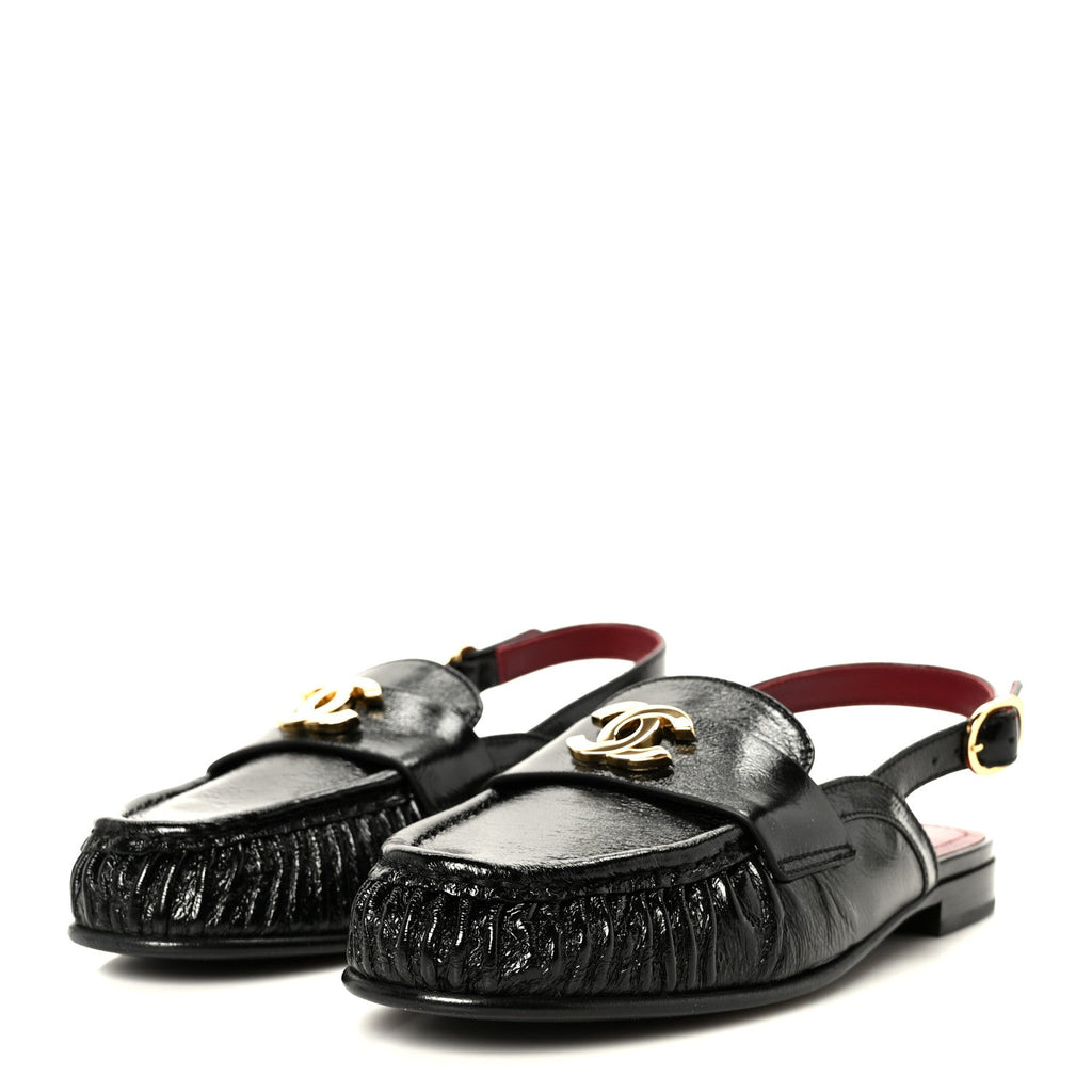 Crumpled Shiny Lambskin CC Slingback Mocassin 37.5 Black