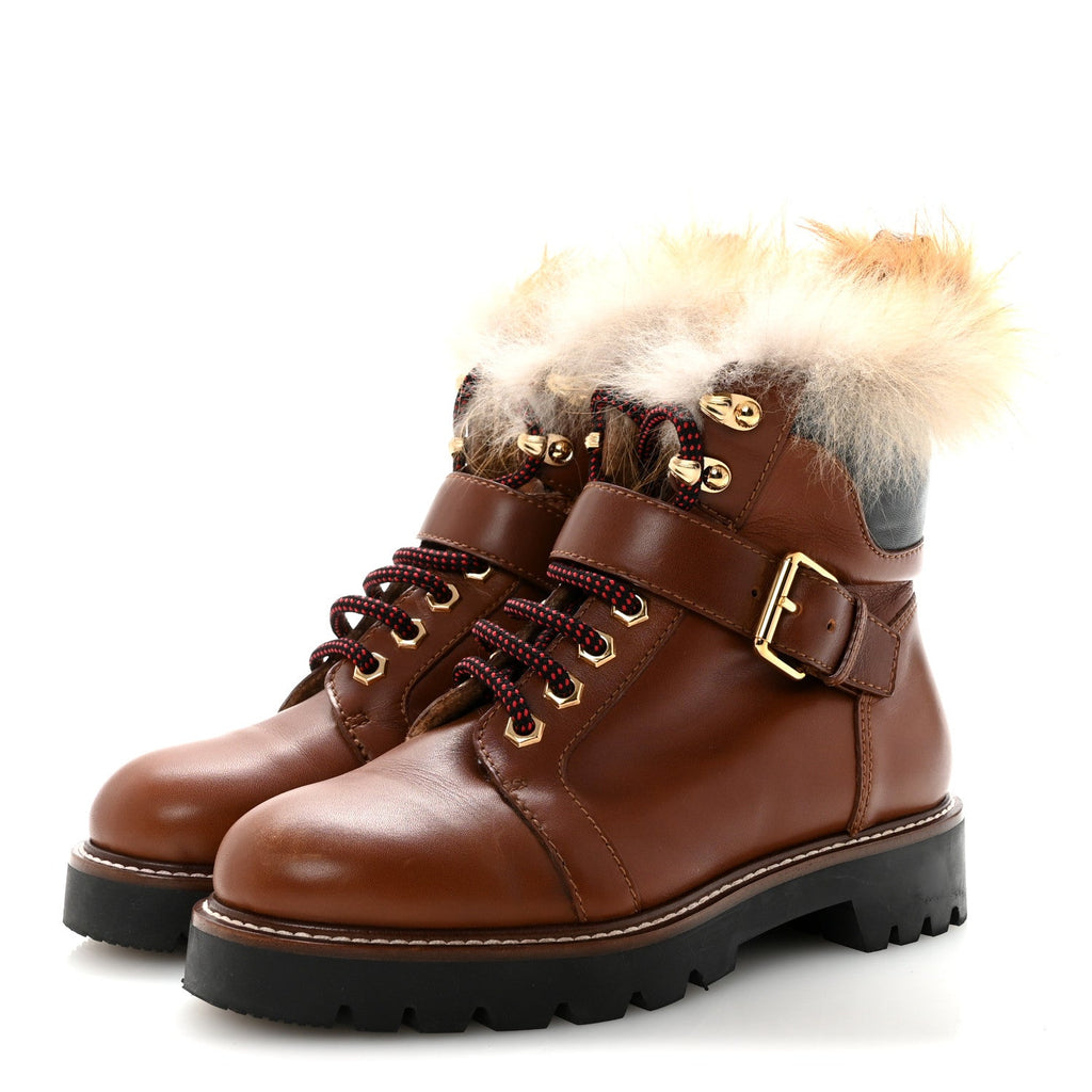 Calfskin Fur Territory Flat Ranger Combat Boots 37 Cognac